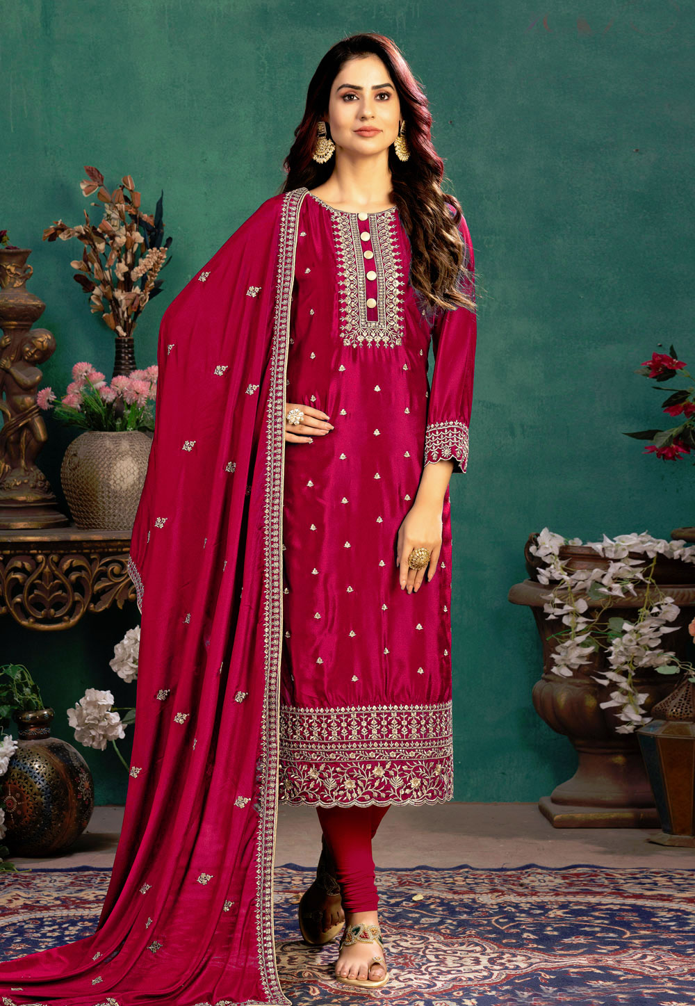 Magenta Silk Churidar Salwar Suit 234350