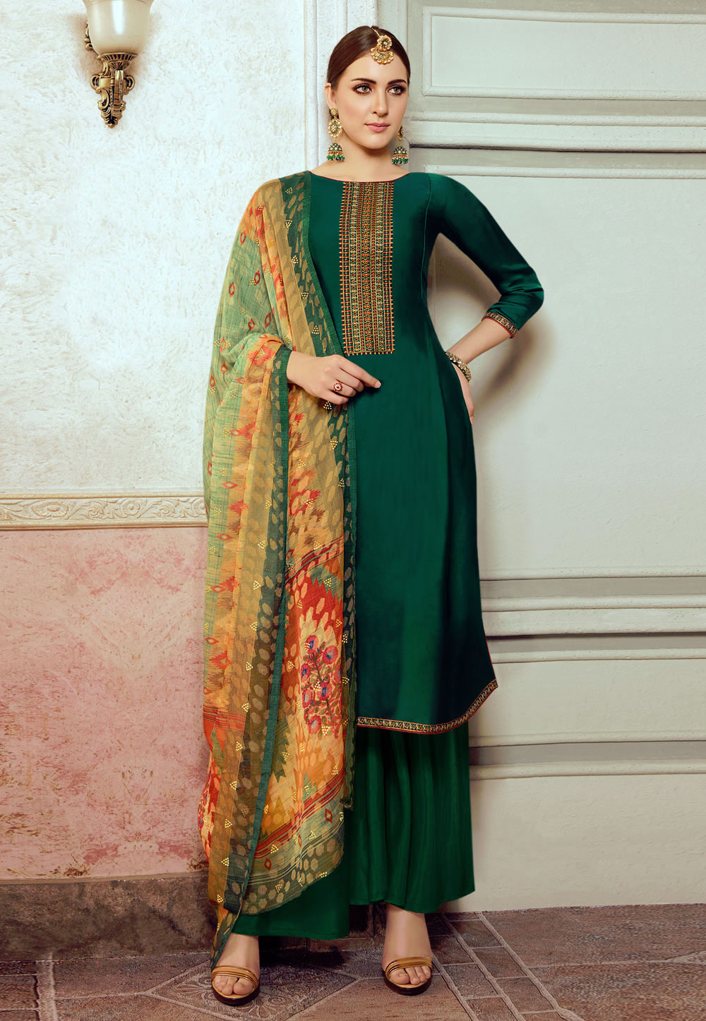 Green Georgette Kameez With Palazzo 218945