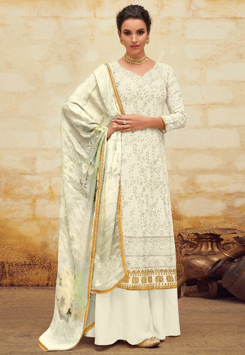 Off White Faux Georgette Kameez With Palazzo 193048