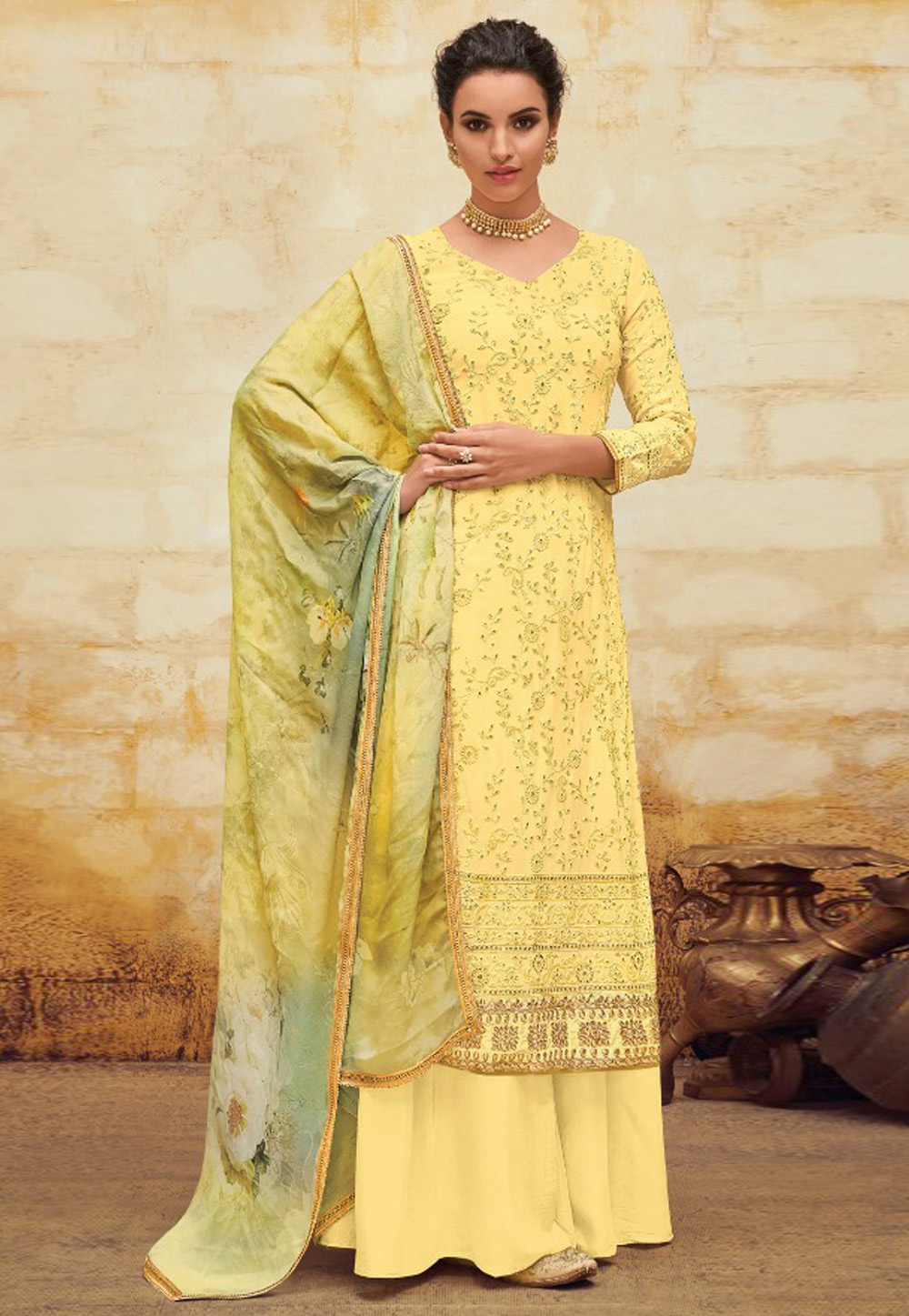 Yellow Faux Georgette Palazzo Suit 193049