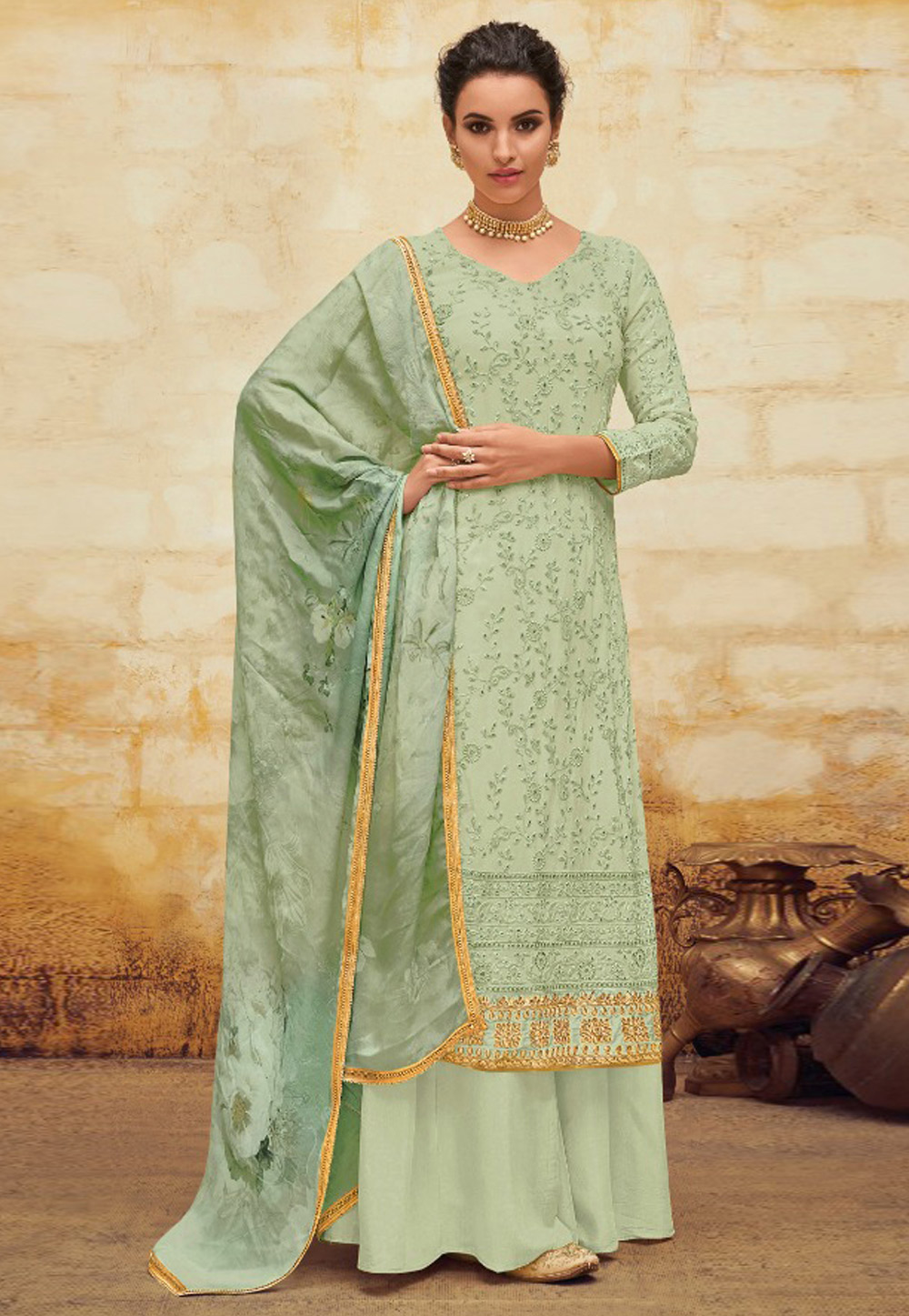 Light Green Faux Georgette Kameez With Palazzo 193050