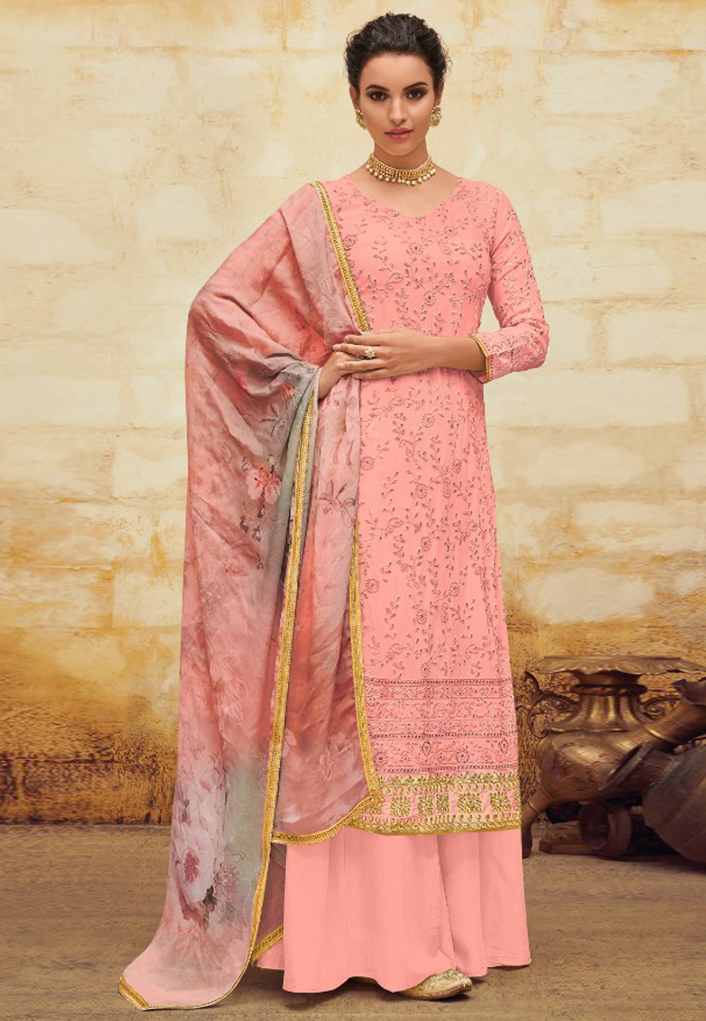 Pink Faux Georgette Palazzo Suit 193051