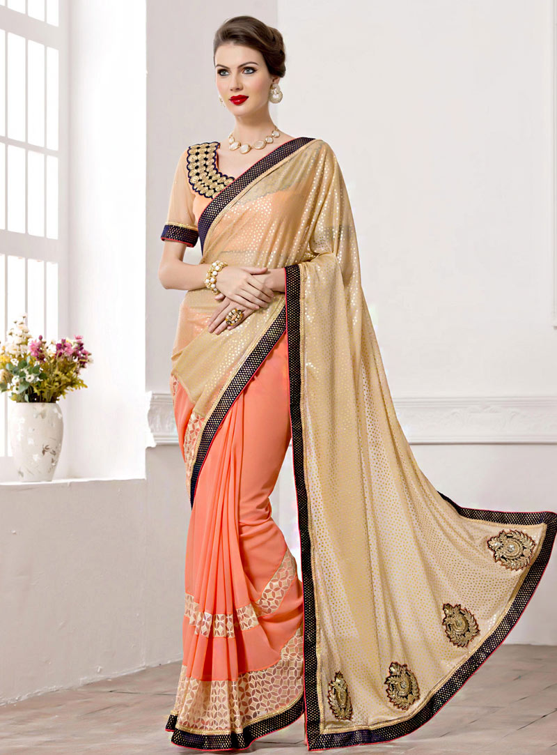 Cream Georgette Half and Half Saree With Blouse 70037
