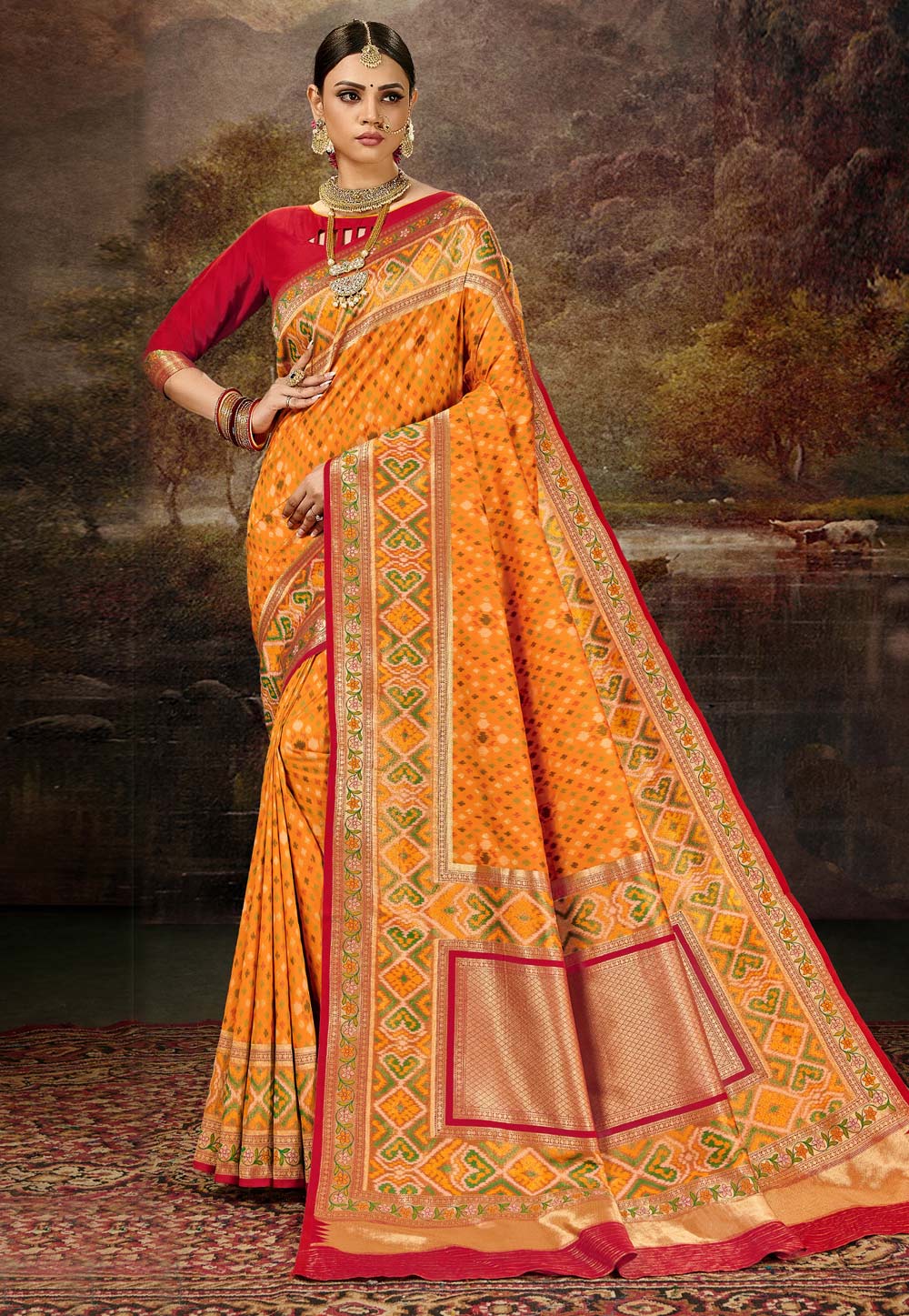 Orange Banarasi Silk Saree With Blouse 227614