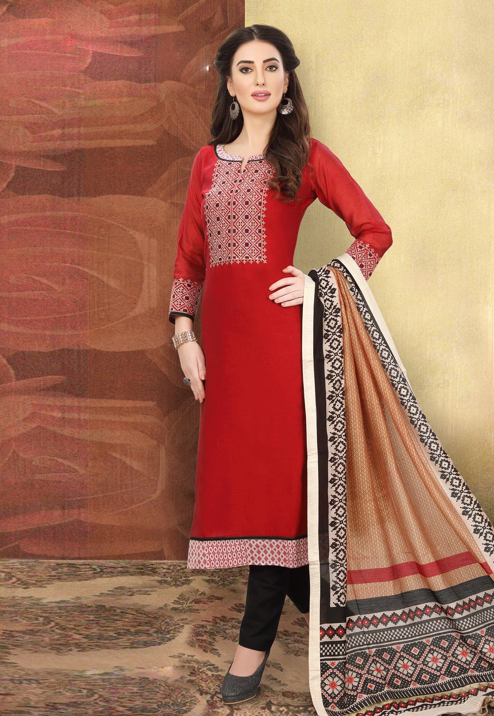 Red Chanderi Pant Style Suit 192986