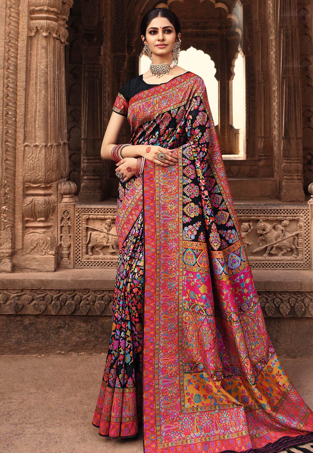 Buy Black Banarasi Silk Khatli Work Classic Sari at best price : 87031 -  Saree