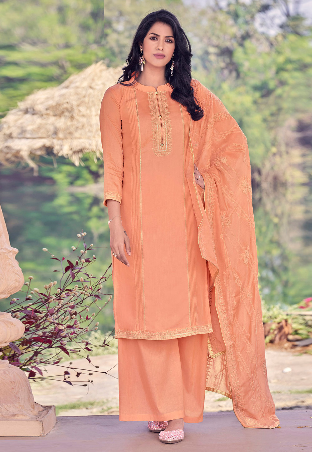 Peach Viscose Kameez With Palazzo Suit 206093