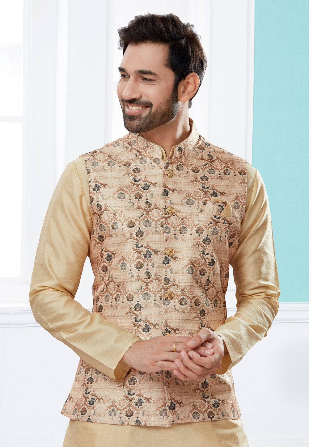 Louis Slim Fit Pointed Collared Beige Combination Suit | BOJONI