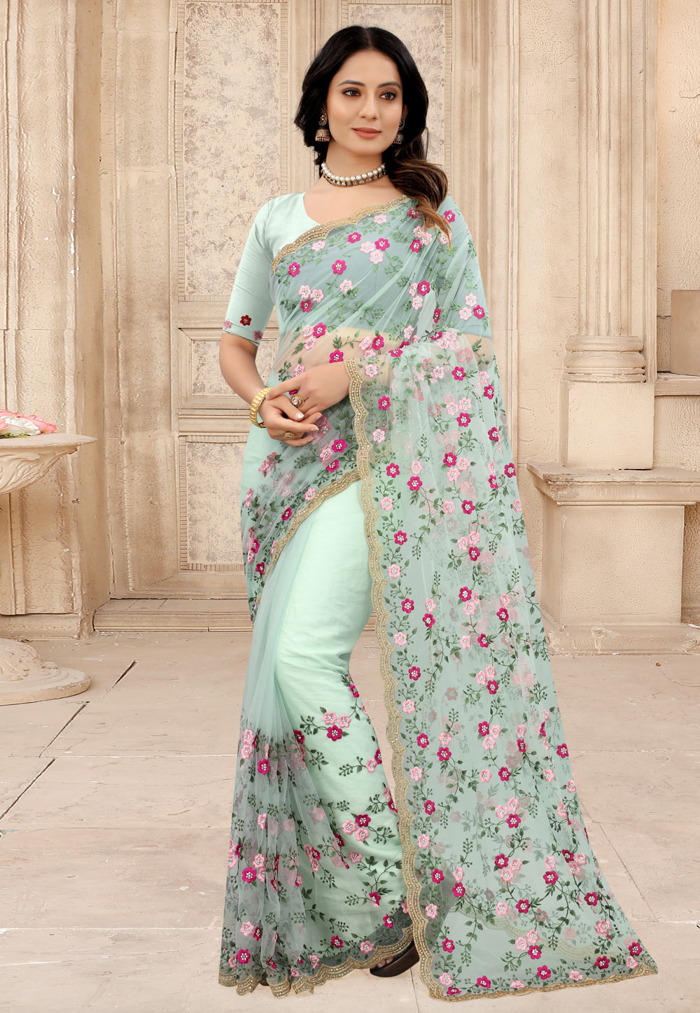 Pista Green Net Saree With Blouse 242779