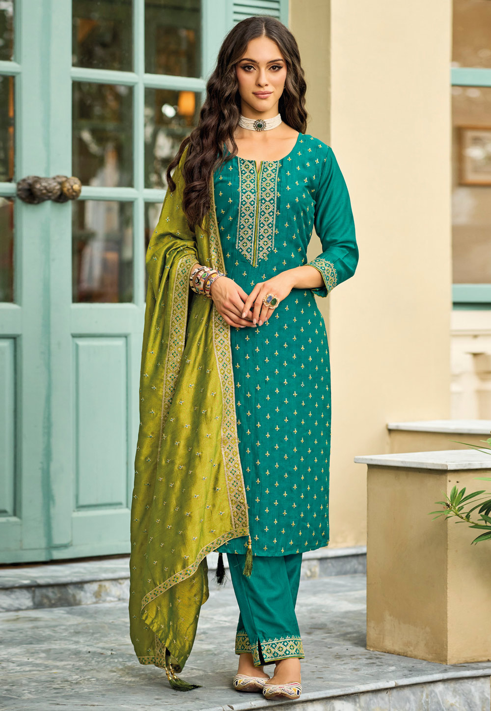 Teal Silk Readymade Pakistani Suit 272980