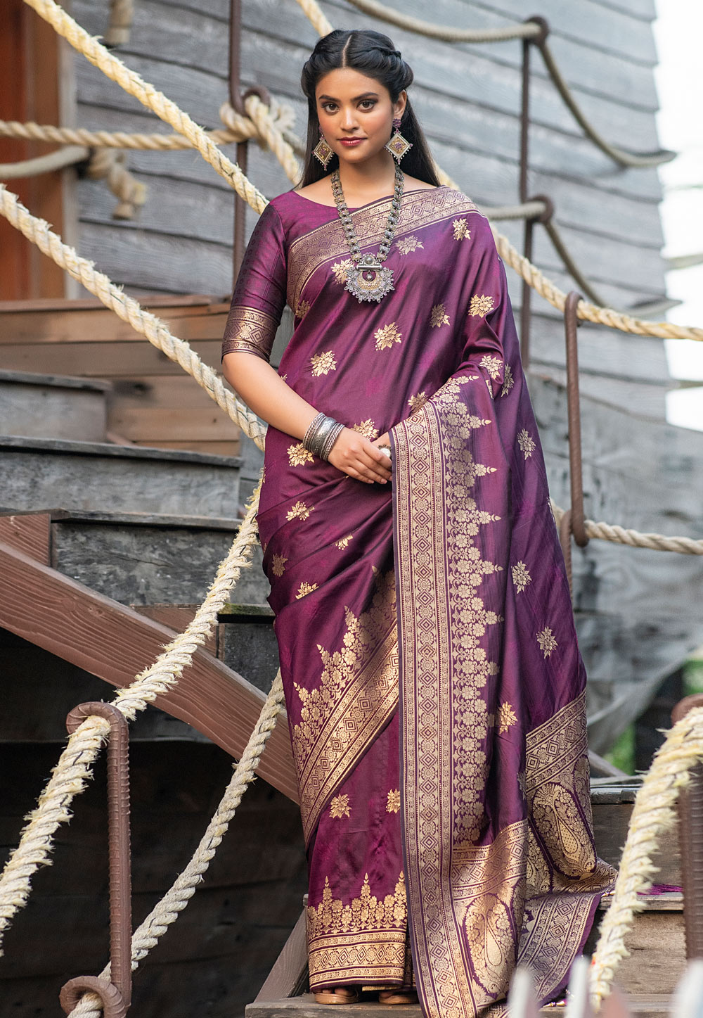 Purple Banarasi Silk Saree With Blouse 227549