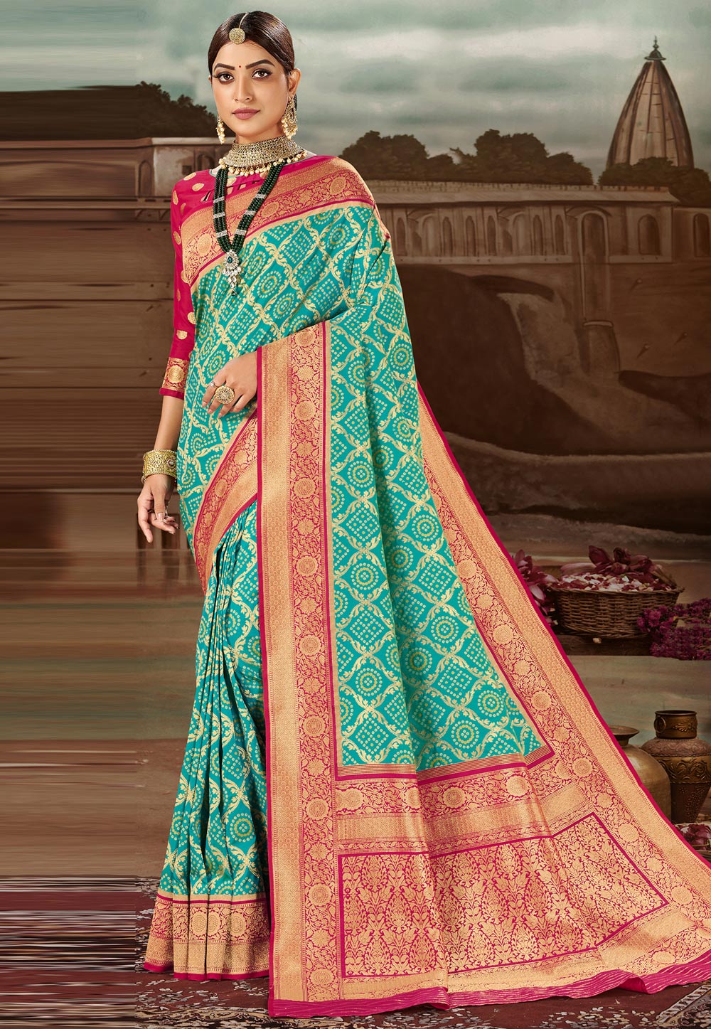 Turquoise Banarasi Silk Bandhani Print Saree 227598