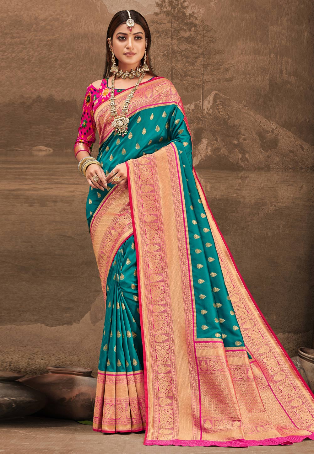Teal Banarasi Silk Festival Wear Saree 227580