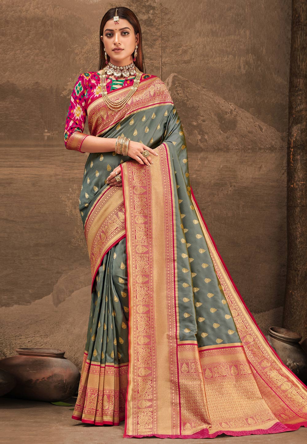 Red-Dark Pink Pure Katan Silk Banarasi Handloom Saree - Tilfi