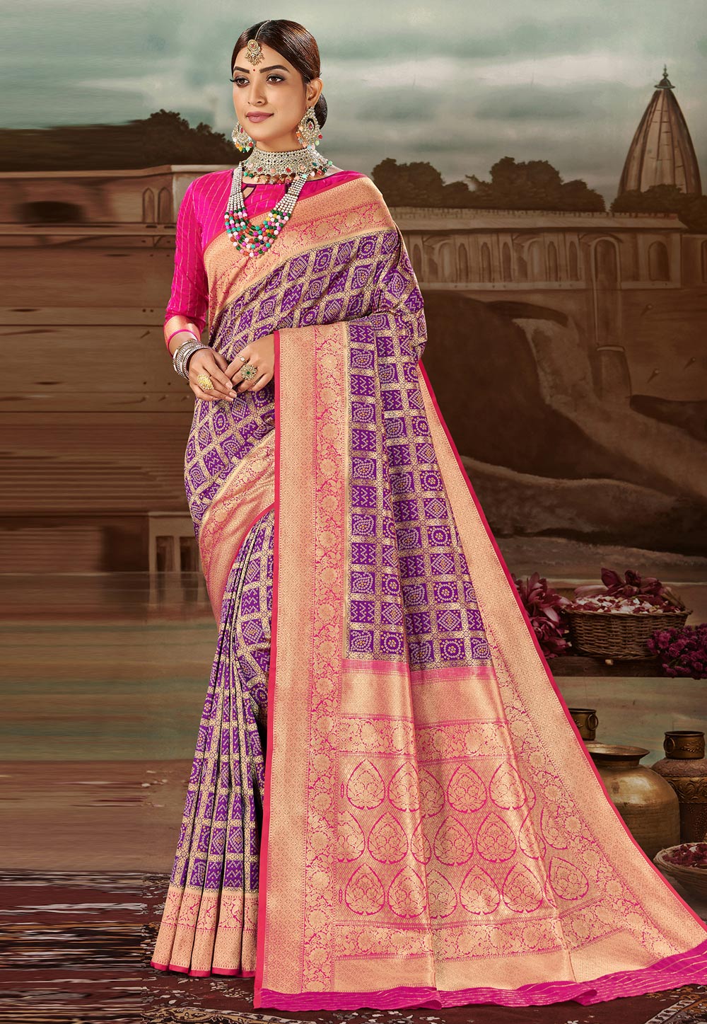 Purple Banarasi Silk Bandhani Print Saree 227602
