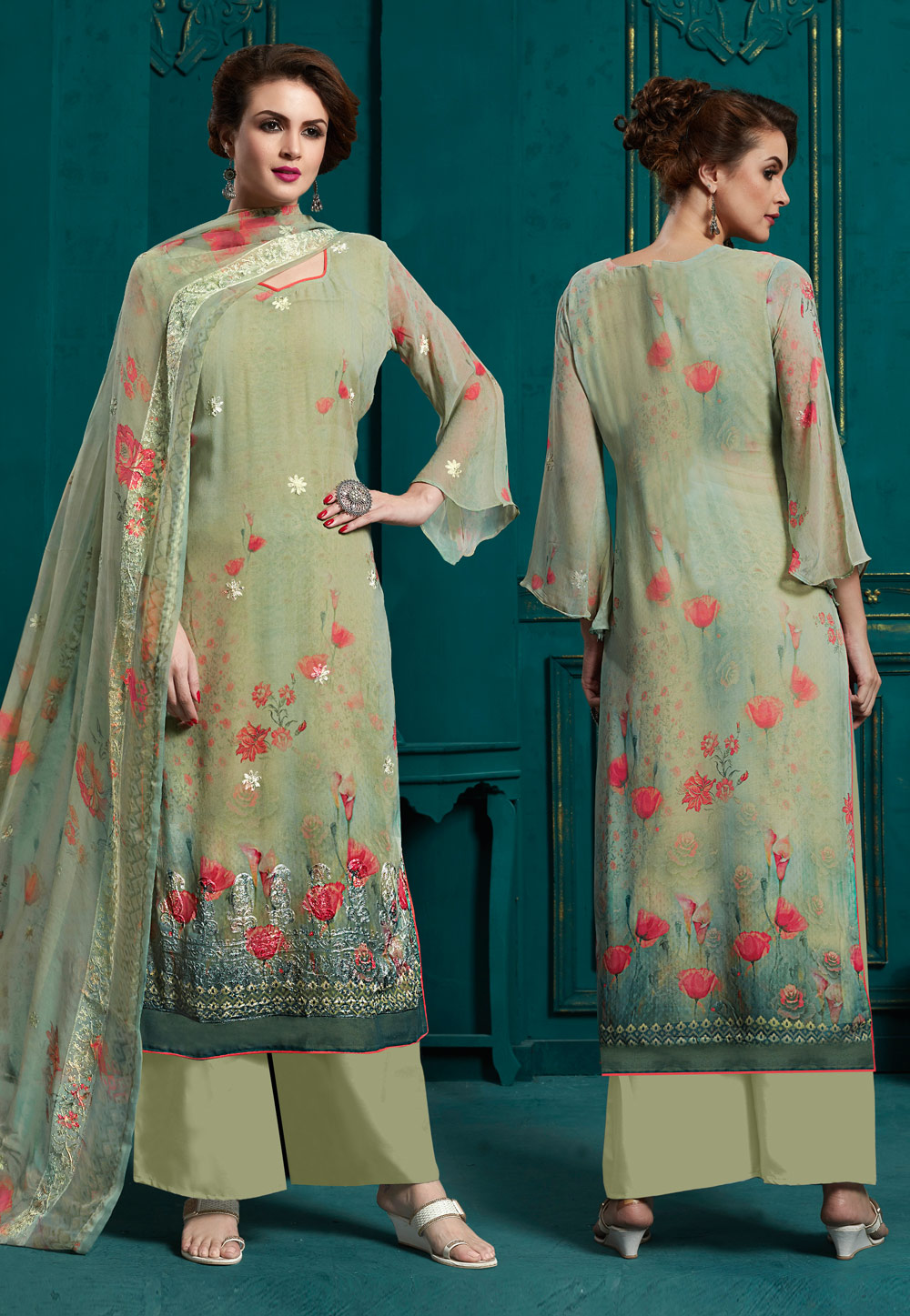Light Green Georgette Palazzo Suit 209788