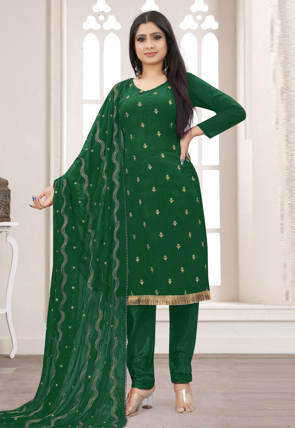 Green Faux Georgette Pant Style Suit 246000