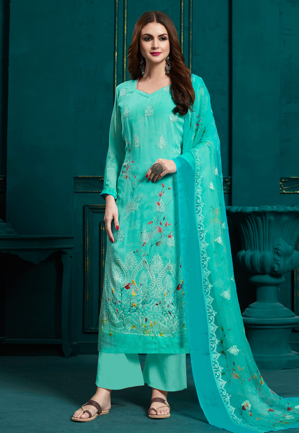 Turquoise Georgette Palazzo Suit 209792