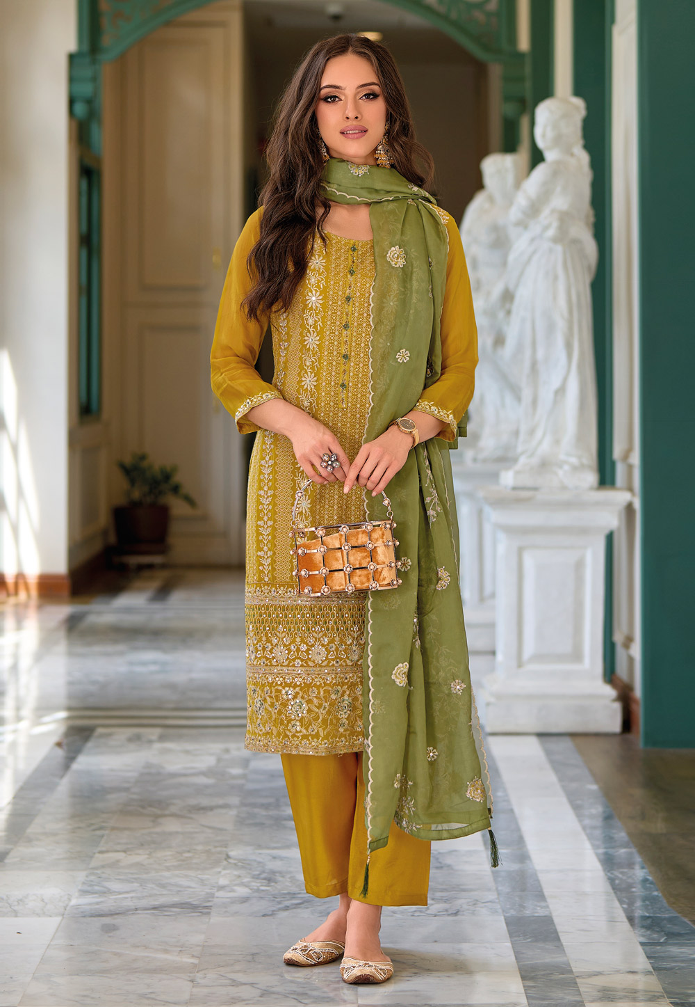 Mustard Organza Pant Style Suit 273366