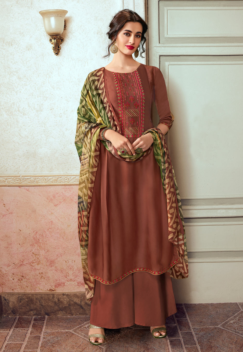 Brown Satin Georgette Palazzo Suit 218946