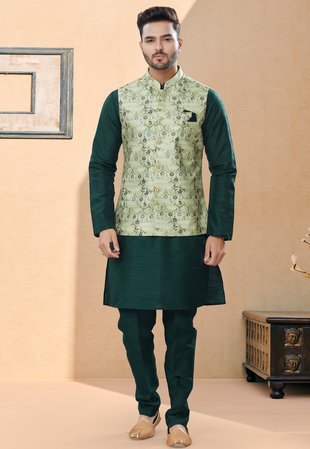 Black Readymade Mens Art Silk Jodhpuri Jacket With Kurta Pajama 1089MW09