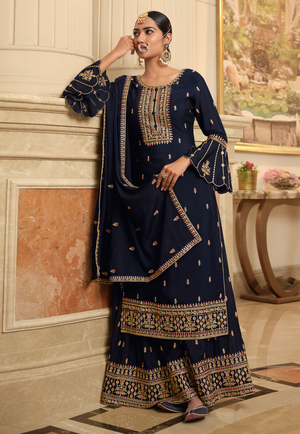 Navy Blue Chinon Kameez With Palazzo 242082