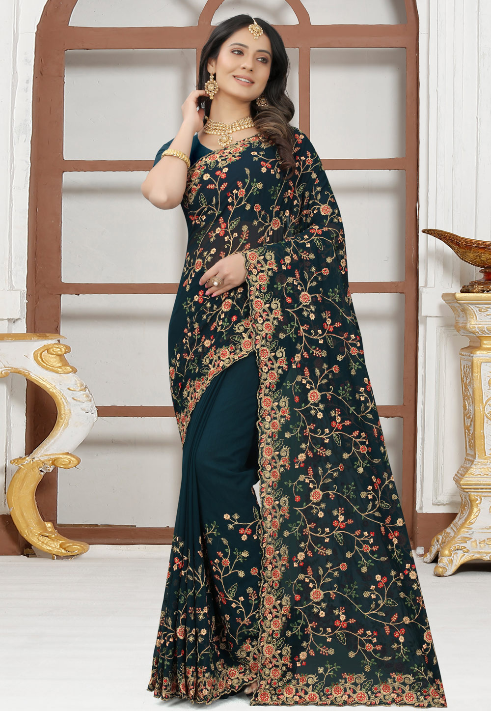 Teal Georgette Saree With Blouse 244074