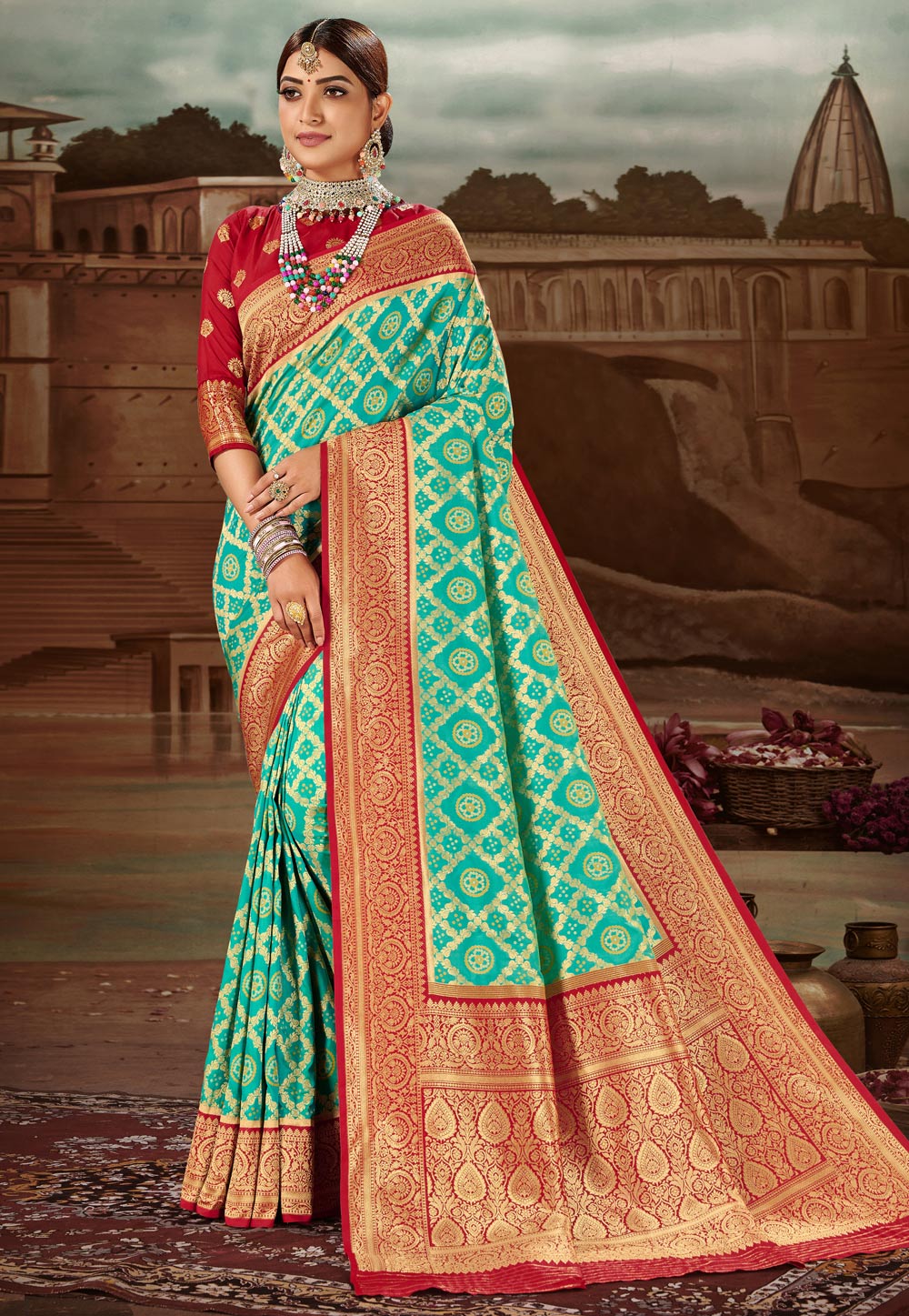 Turquoise Banarasi Silk Saree With Blouse 227604