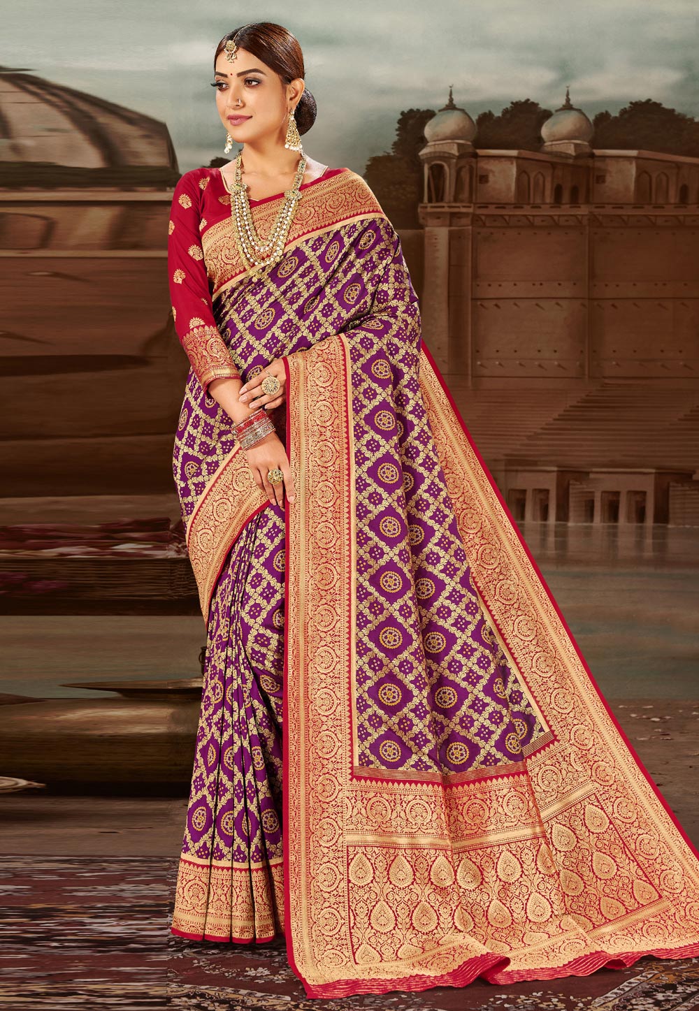 Purple Banarasi Silk Saree With Blouse 227606