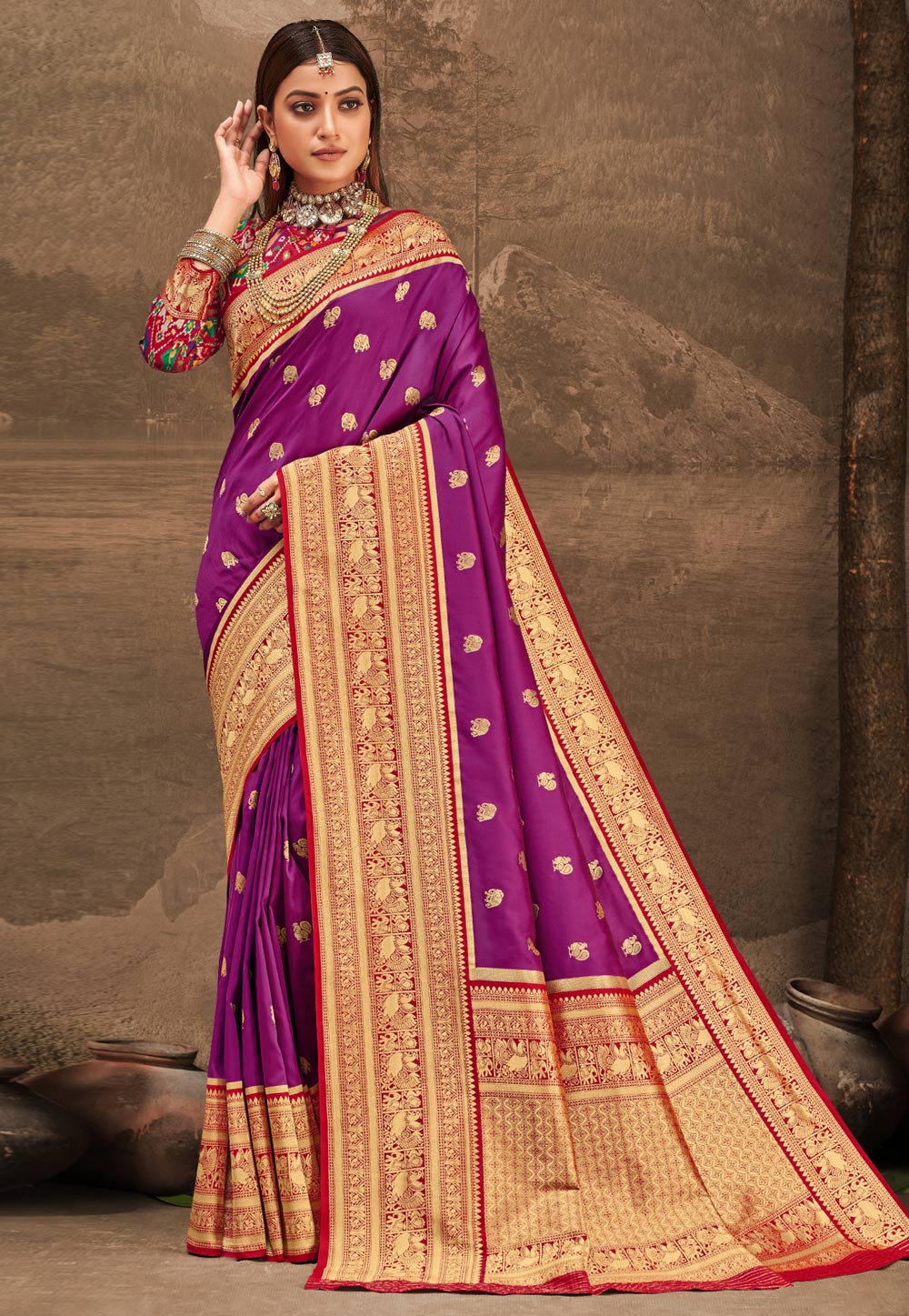 Purple Banarasi Silk Saree With Blouse 227585