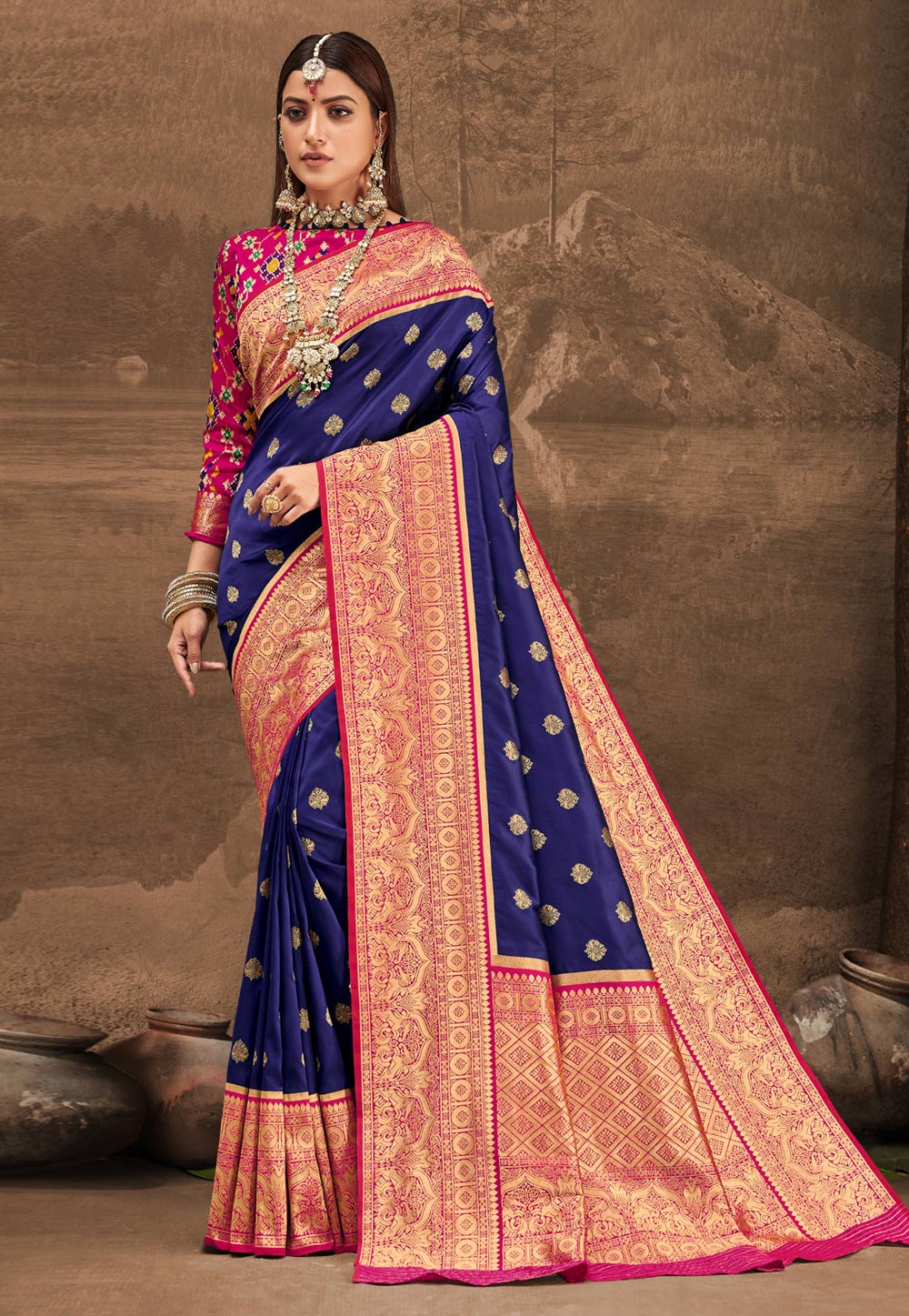 Navy Blue Banarasi Silk Festival Wear Saree 227590