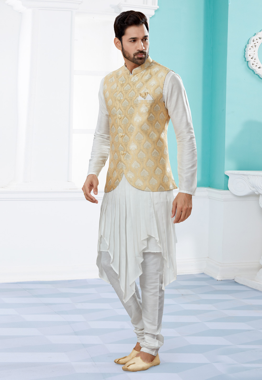 Fancy White Color Jacquard Silk Fabric Function Wear Readymade Kurta Pyjama  For Men With Modi Jacket Set