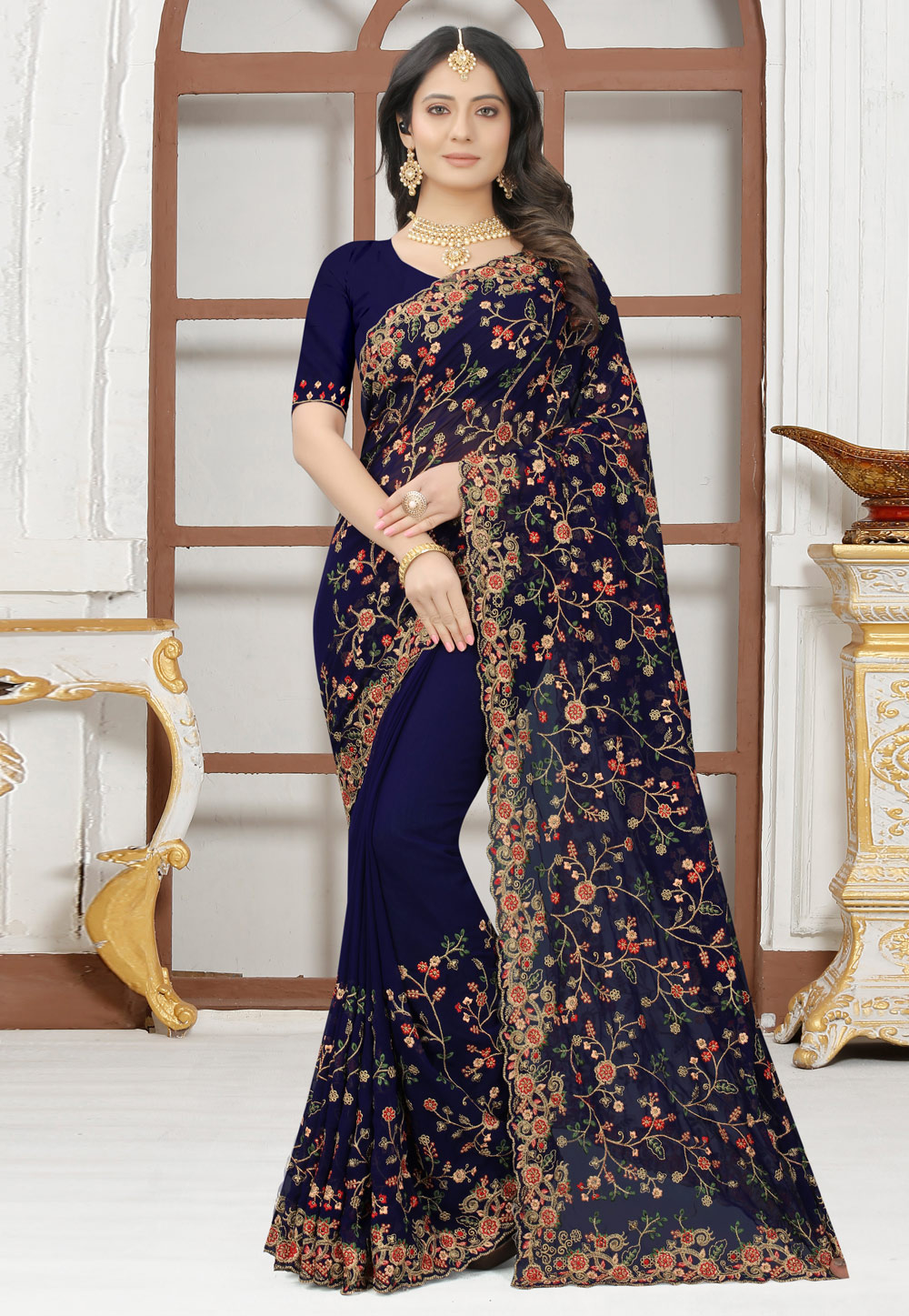 Navy Blue Georgette Saree With Blouse 244076