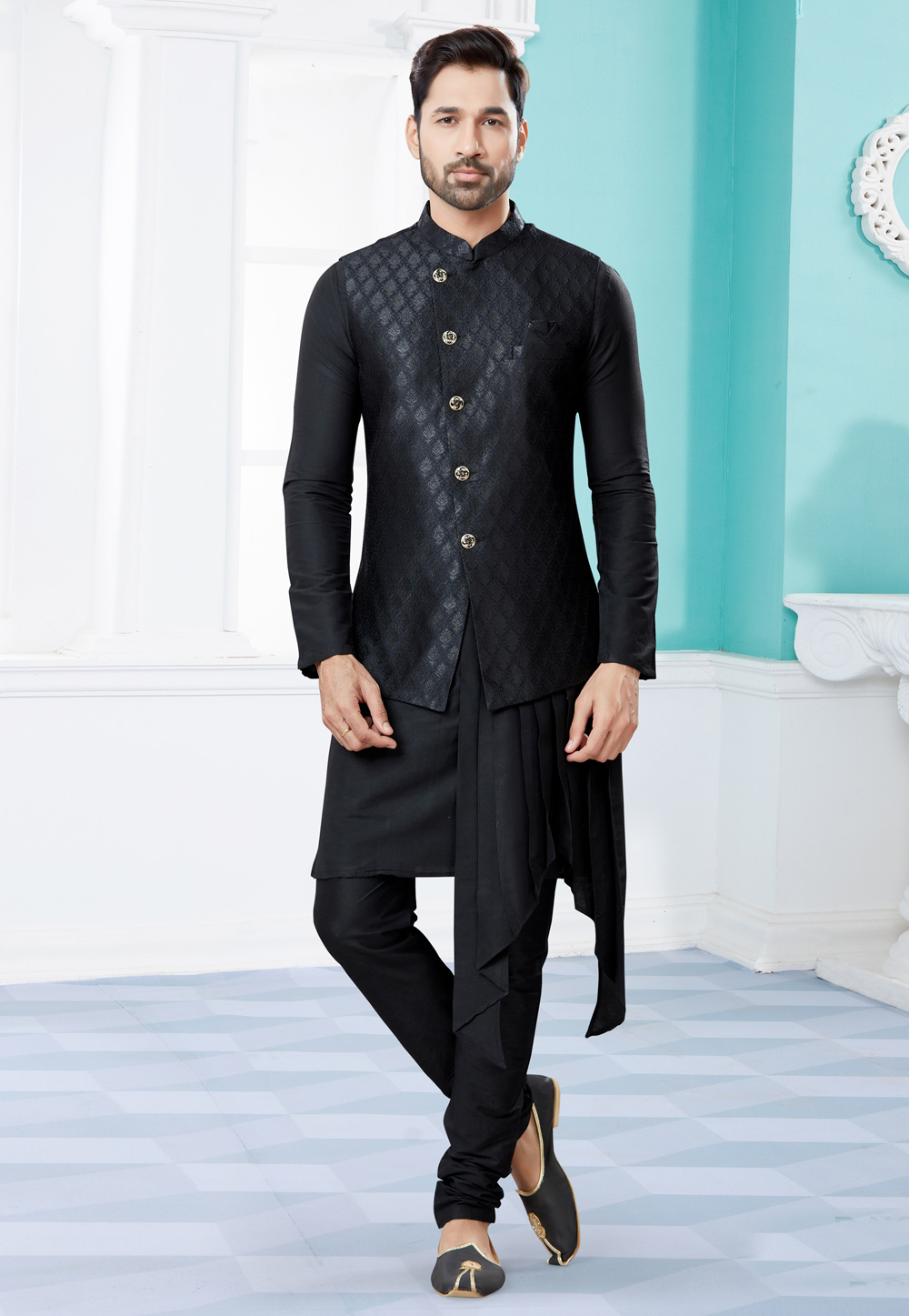 Black Silk Kurta Pajama With Jacket 251461