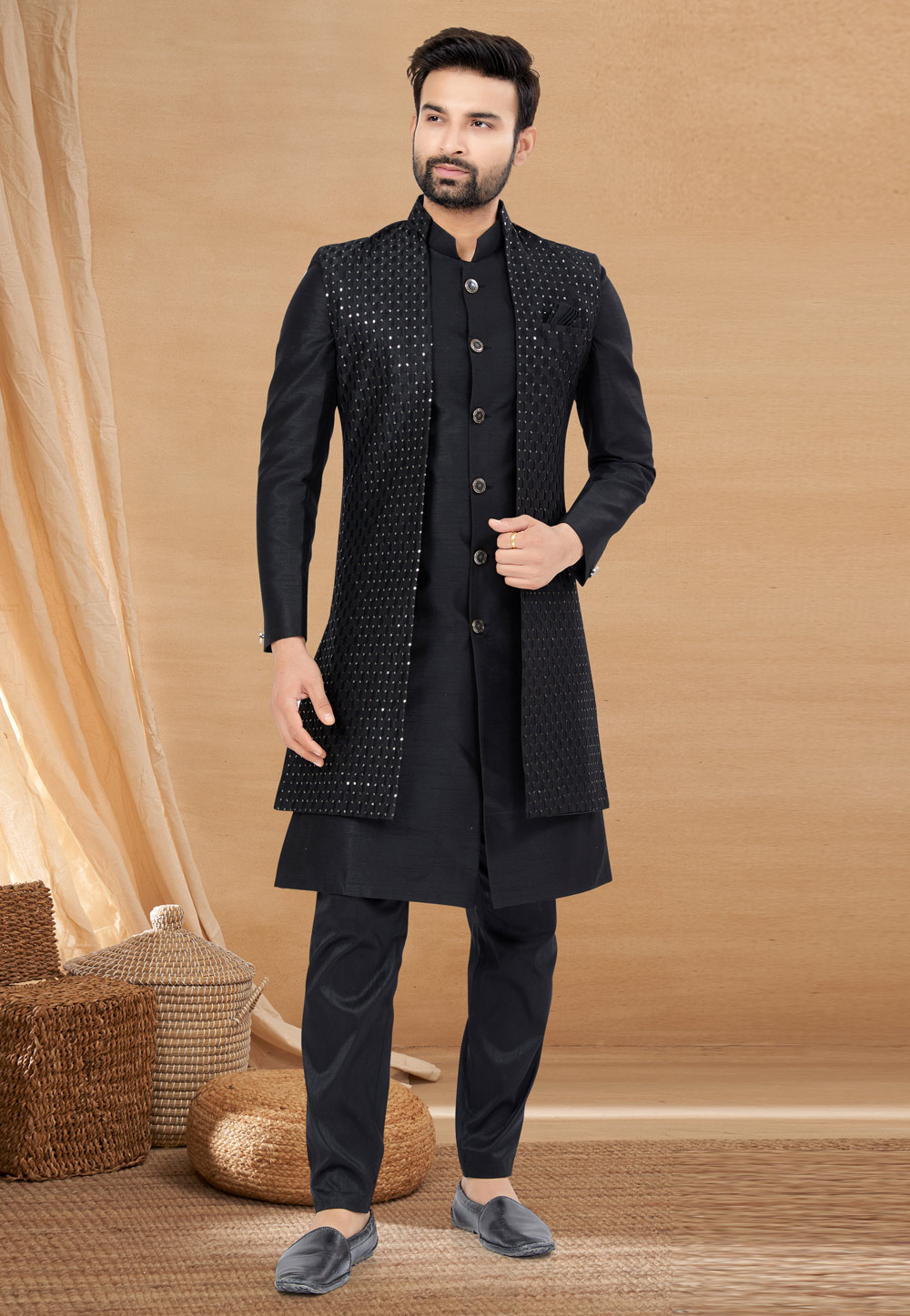 Black Art Silk Jacket Style Sherwani 274020
