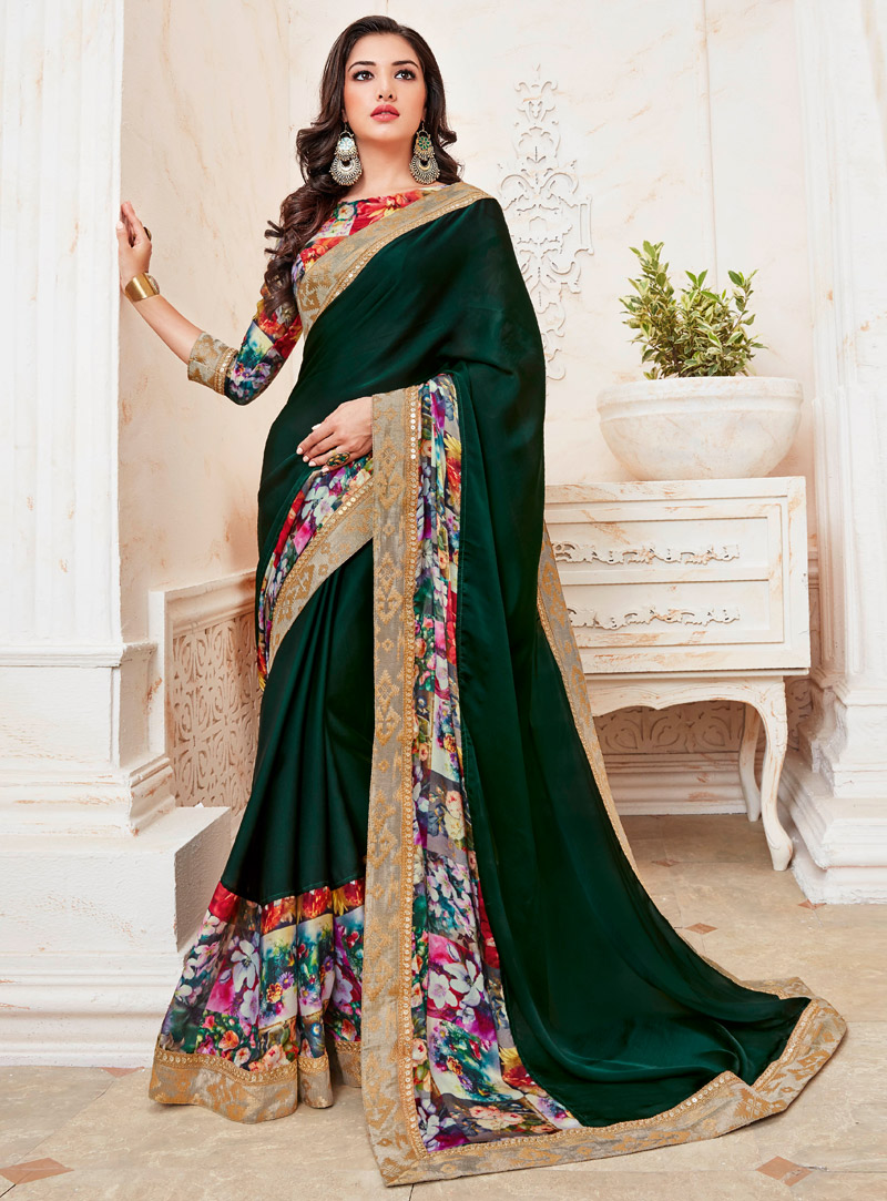 Green Crepe Saree With Blouse 95121