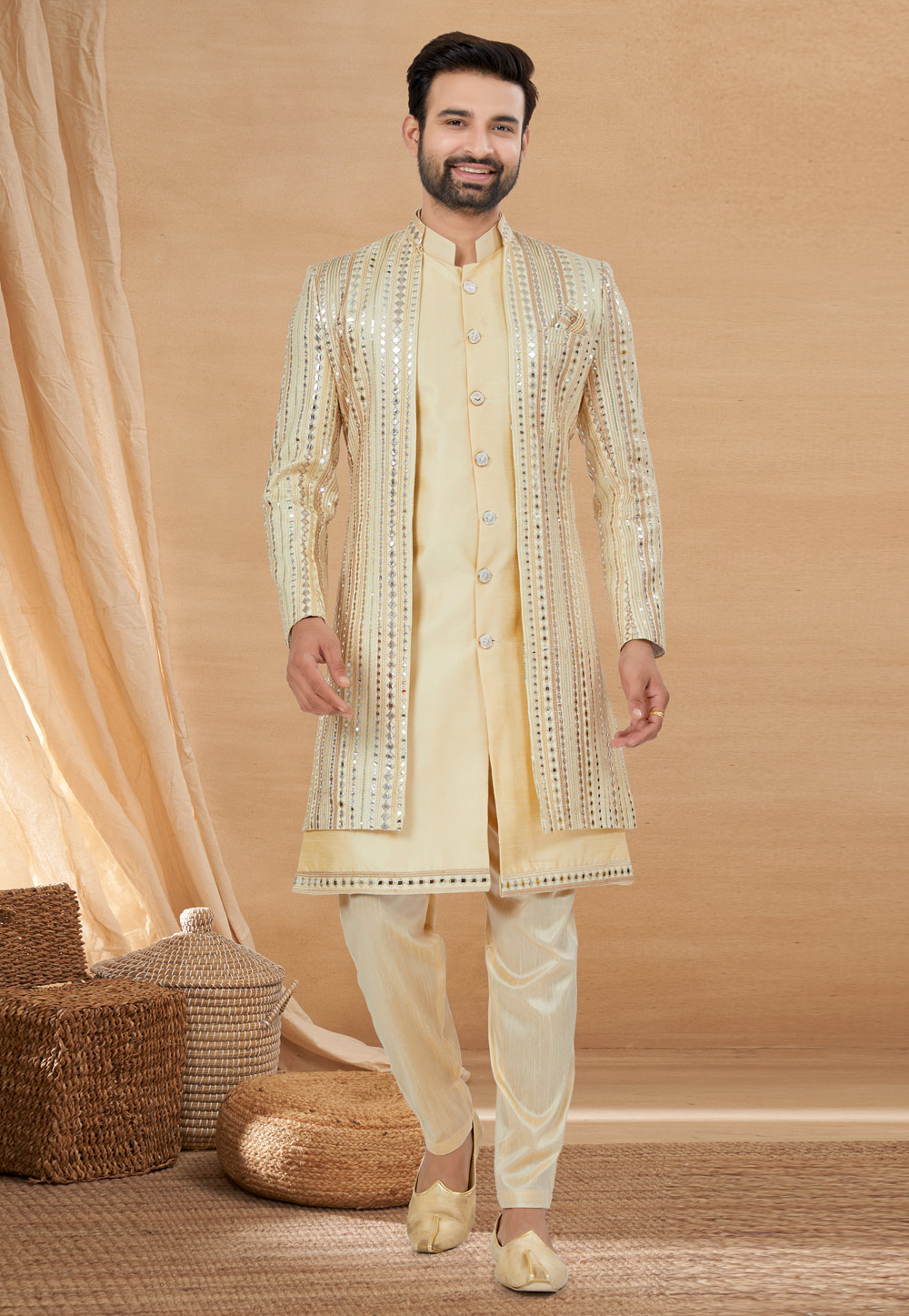 Beige Art Silk Jacket Style Sherwani 274021