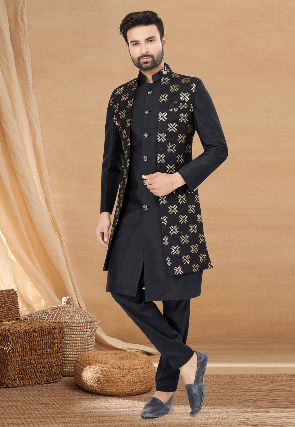 Black Art Silk Jacket Style Sherwani 274022