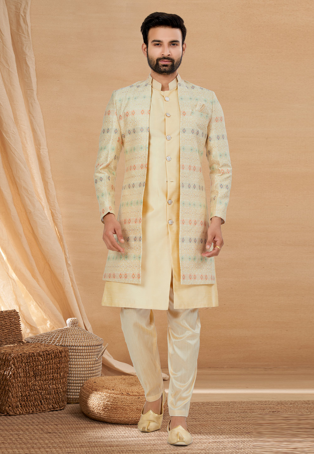 Beige Art Silk Jacket Style Sherwani 274023