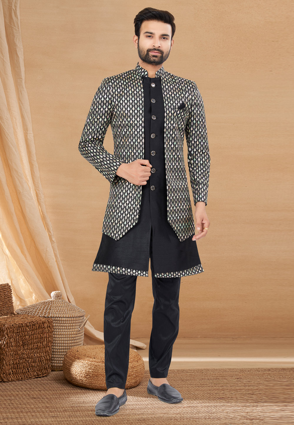 Black Art Silk Jacket Style Sherwani 274024