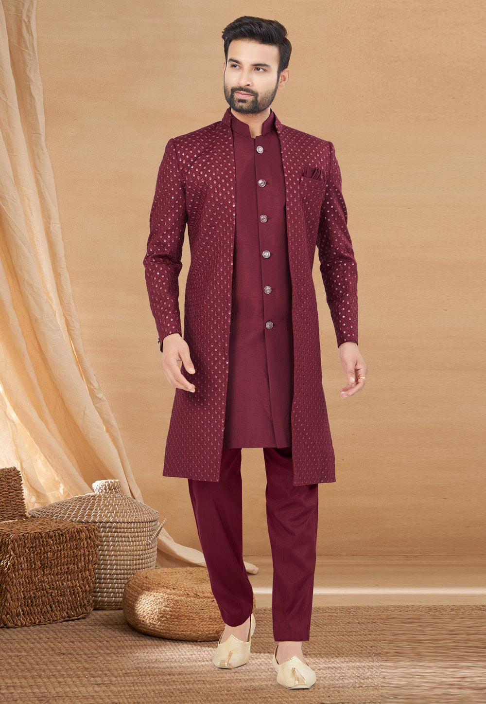 Maroon Art Silk Jacket Style Sherwani 274025