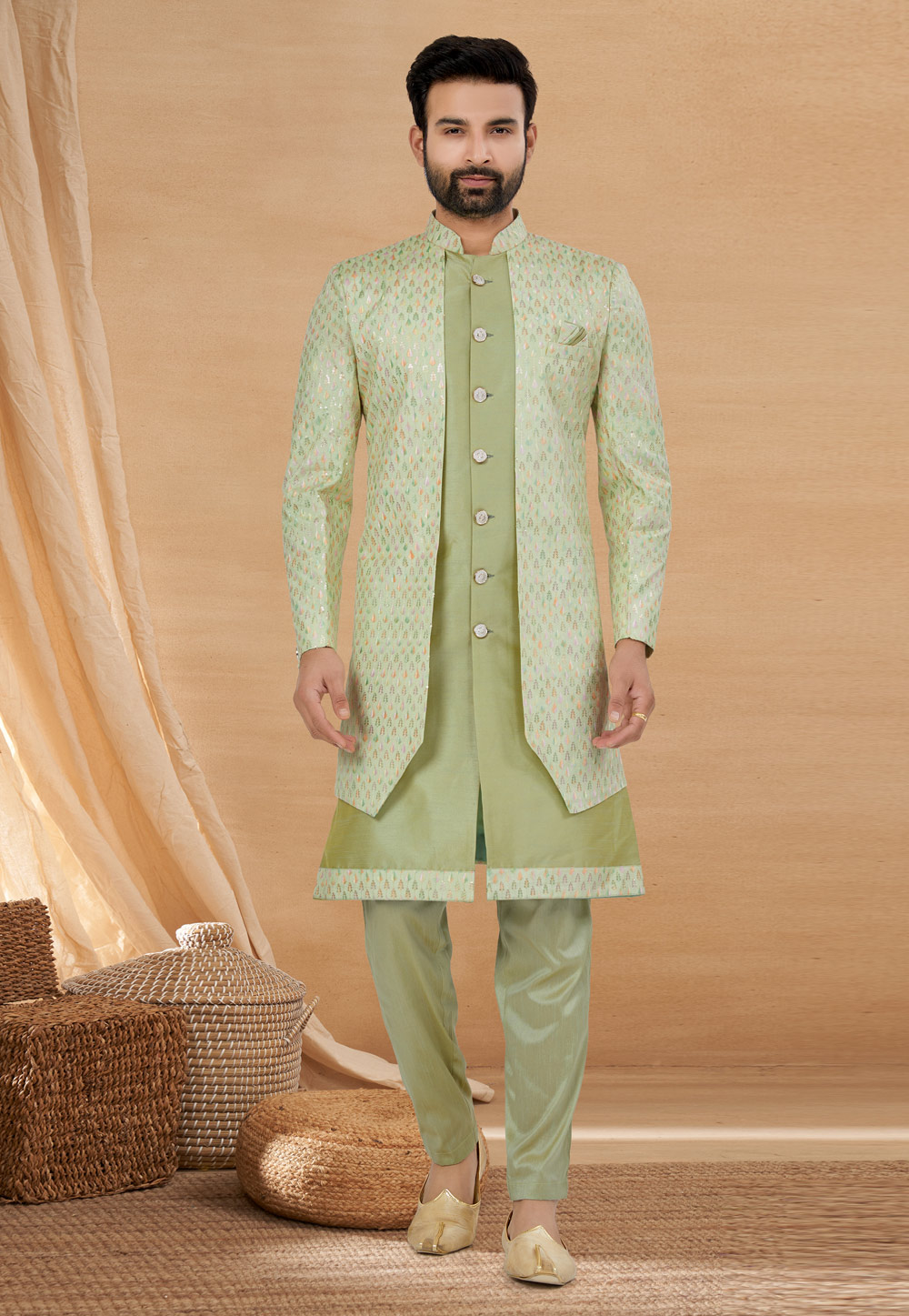 Pista Green Art Silk Jacket Style Sherwani 274026