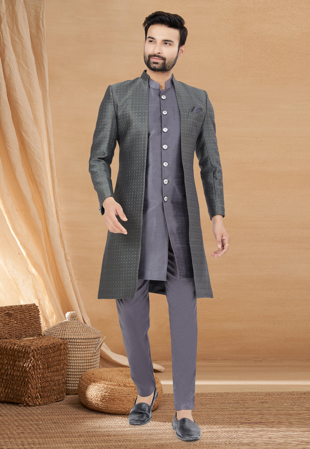 Grey Art Silk Jacket Style Sherwani 274027