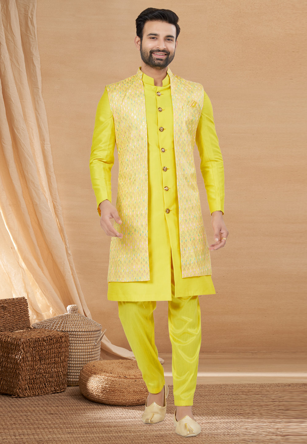 Yellow Art Silk Jacket Style Sherwani 274028