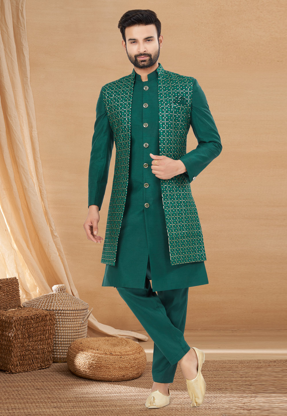 Green Art Silk Jacket Style Sherwani 274029