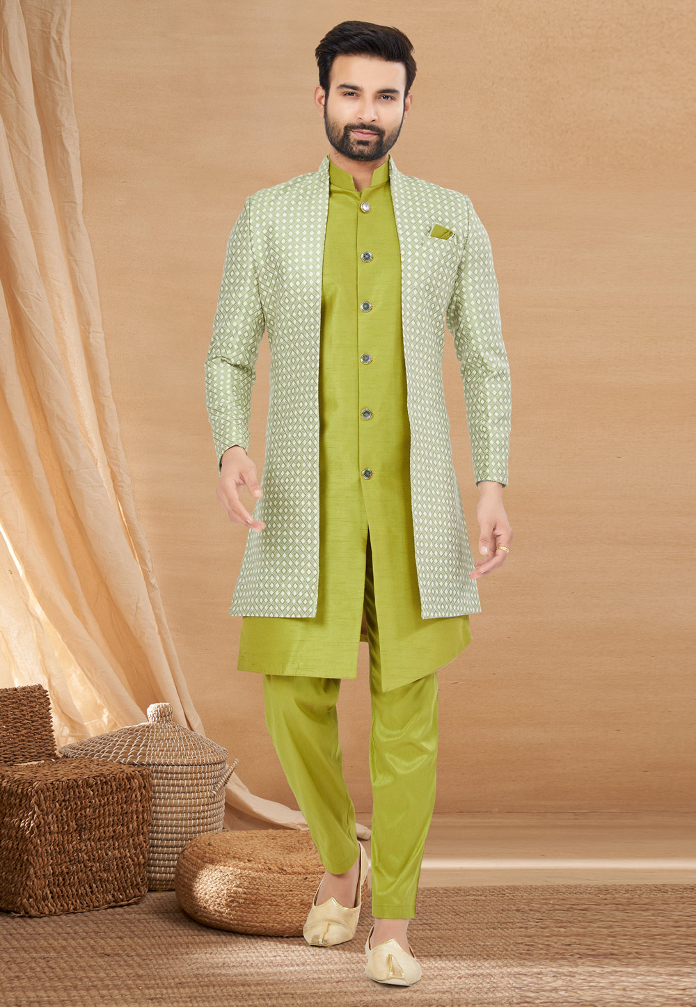 Light Green Art Silk Jacket Style Sherwani 274030