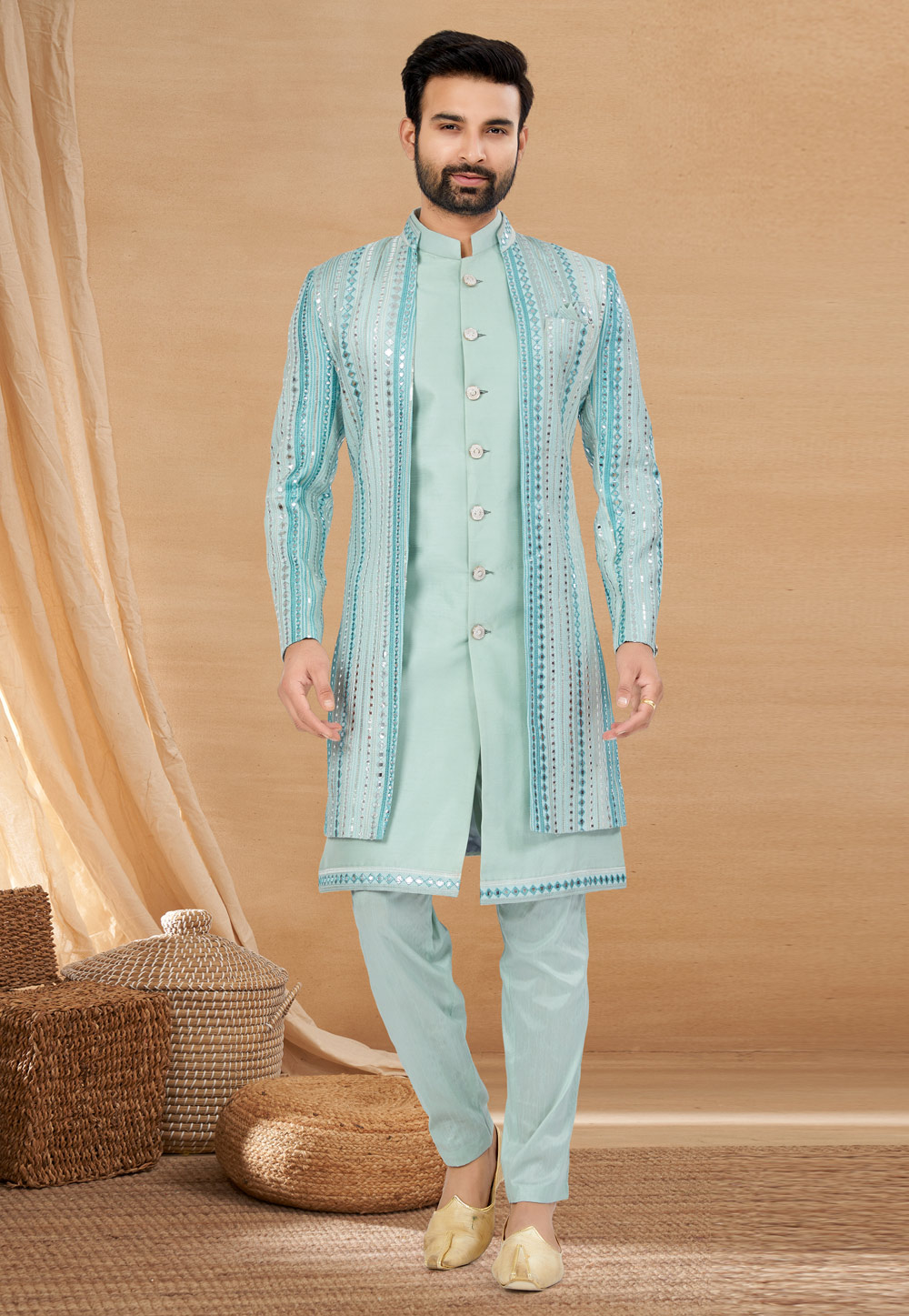 Sky Blue Art Silk Jacket Style Sherwani 274031
