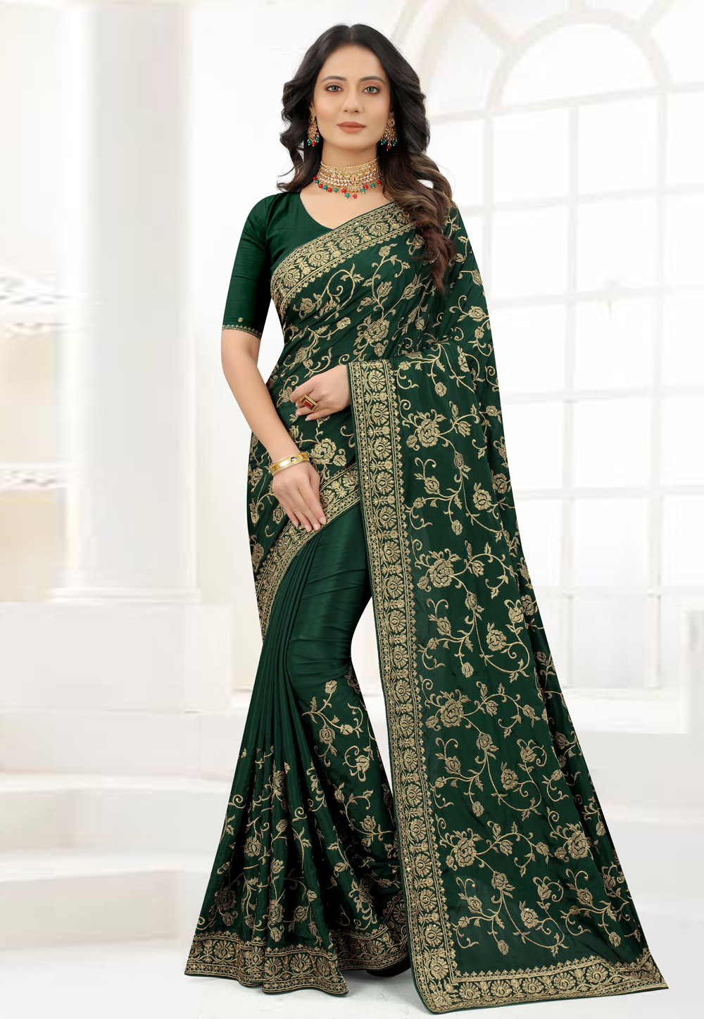 Green Satin Silk Embroidered Saree With Blouse 244528