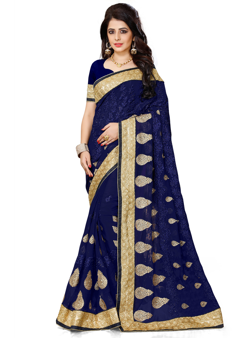 Navy Blue Georgette Patch Lace Work Saree 119193