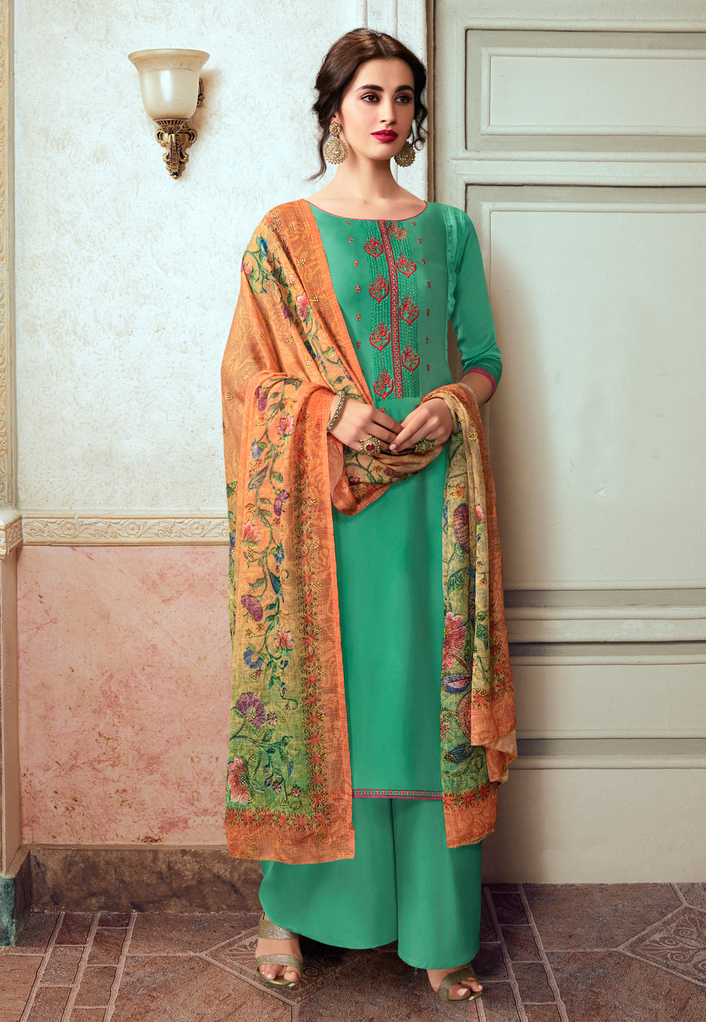 Sea Green Georgette Kameez With Palazzo 218947